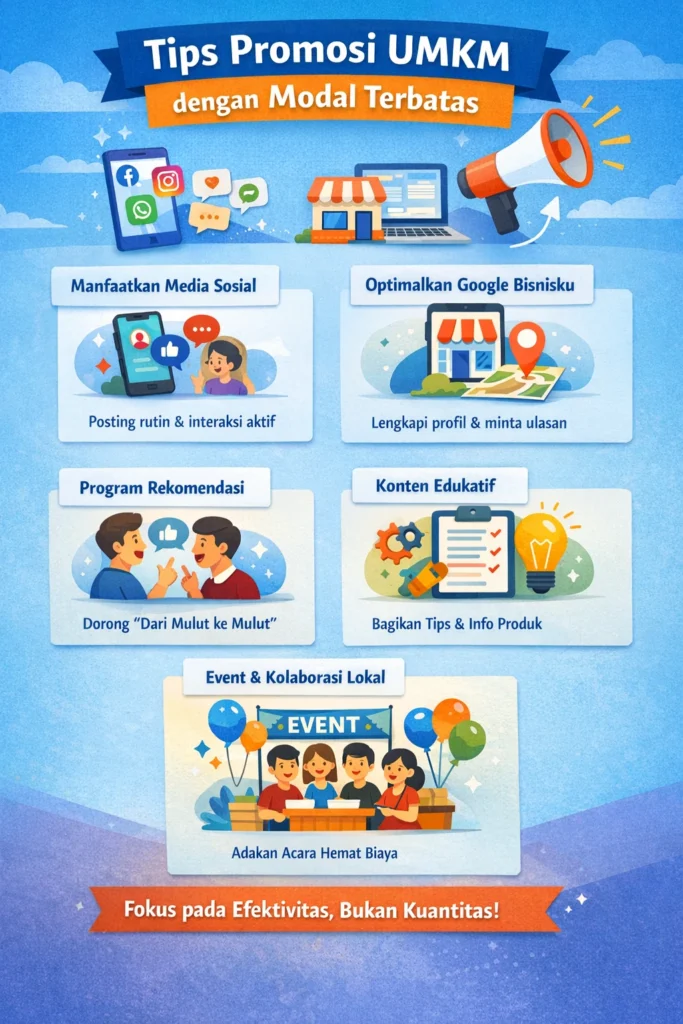 Infografik strategi promosi UMKM dengan modal terbatas offline dan online